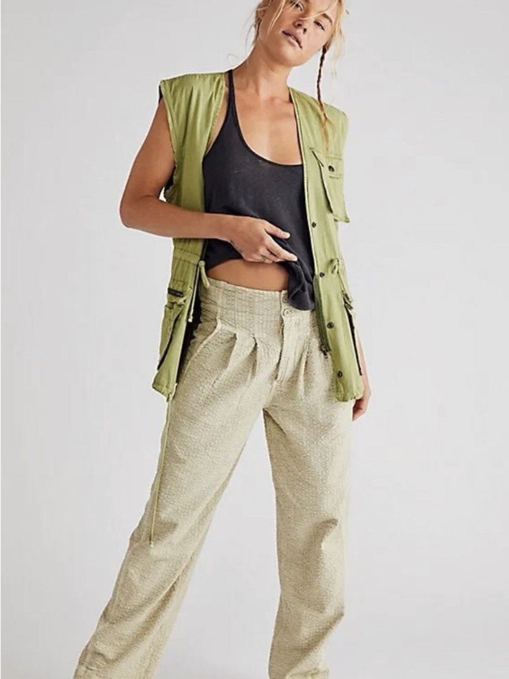 NWT Free People Thin Line Straight Chino Pants Mint Green Linen Blend High Rise